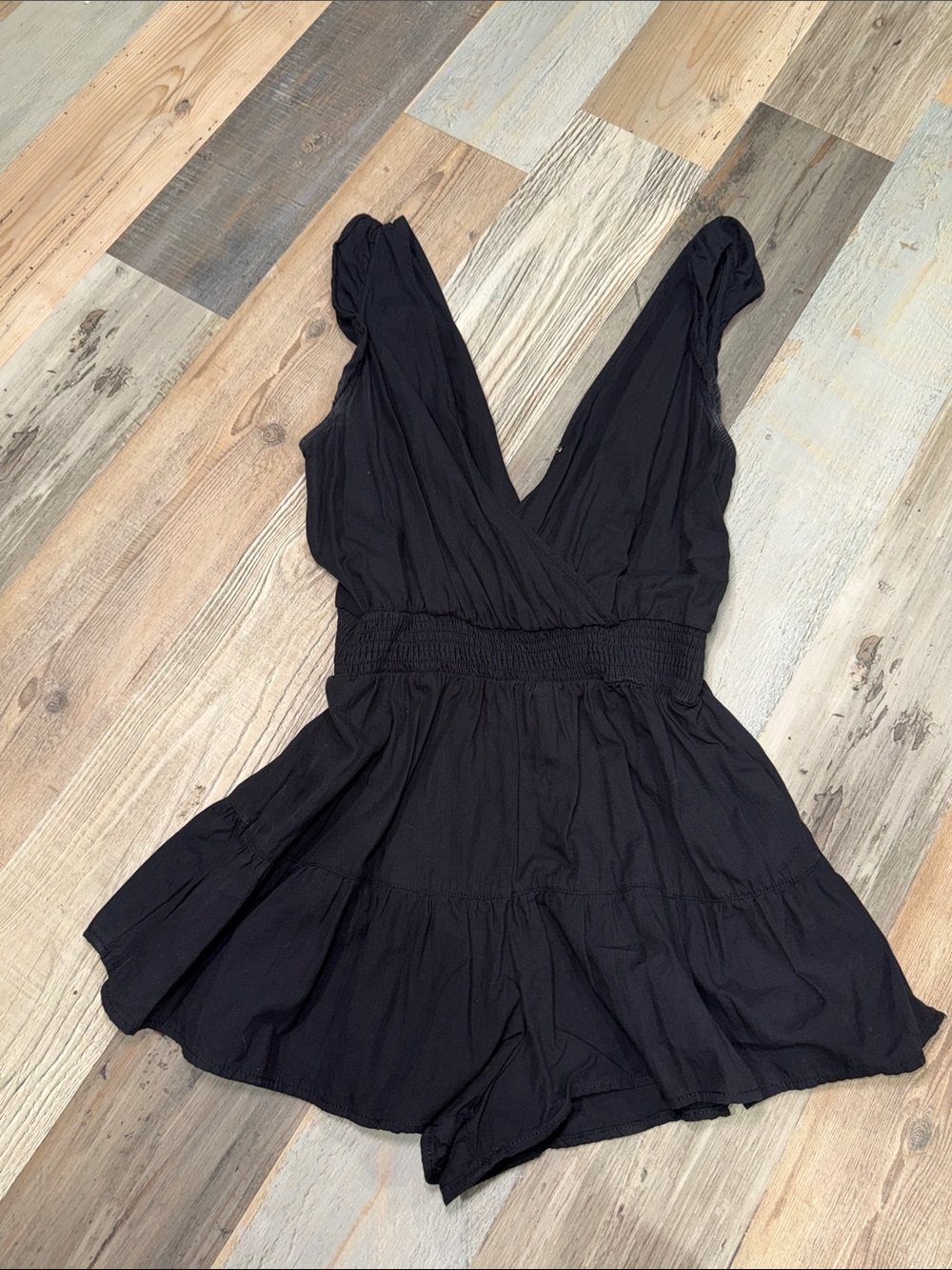Women's Black V-Neck Romper with Smocked Waist